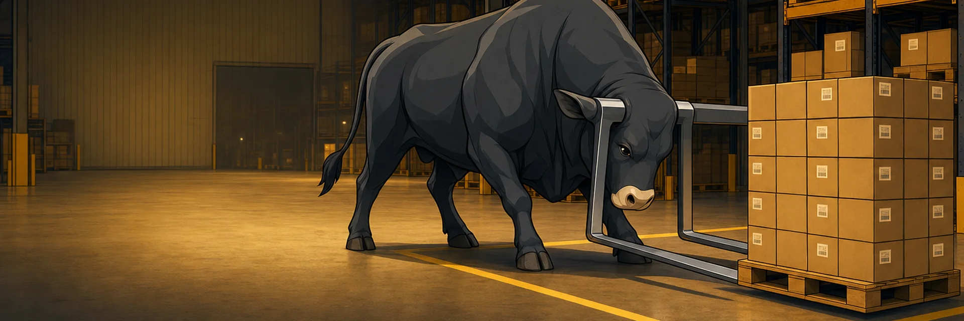Pallet Bull sliding his fork-horns under a neat pallet of labeled boxes inside a painted floor square, at night, in a warehouse lit forklift-amber.